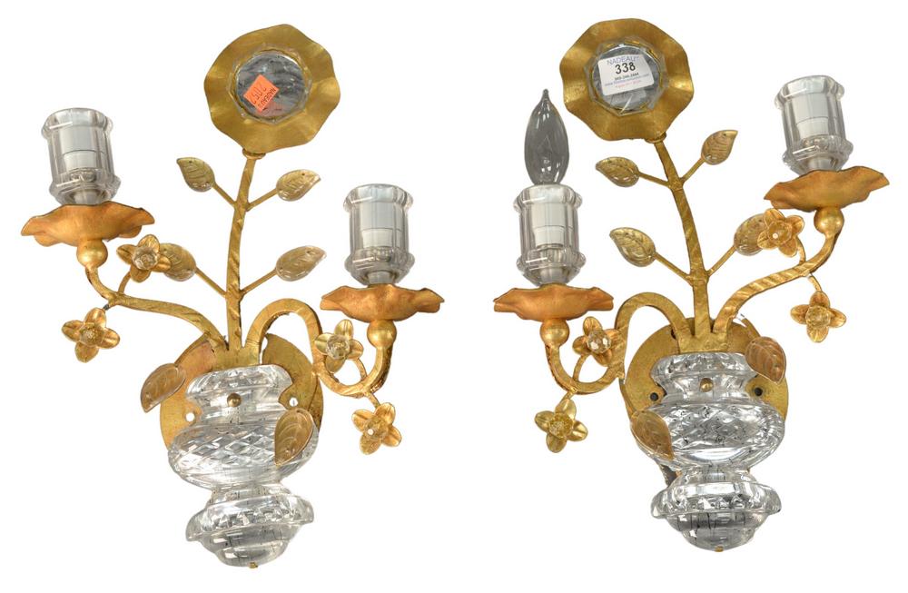 Pair of Gilt Metal and Glass Floral Wall Sconces, (1 of 5)