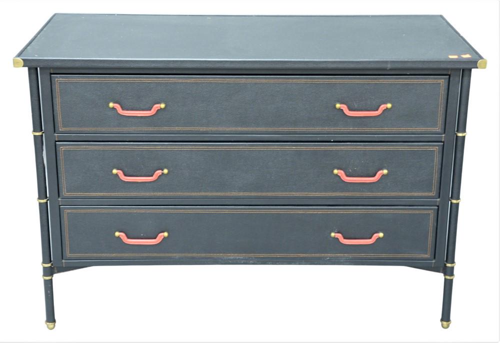 Faux Leather Three Drawer Dresser, having red handle (1 of 4)