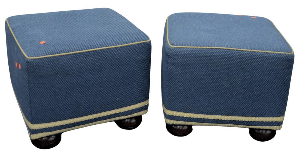 Pair of Custom Ottomans, in blue and yellow upholstery, (1 of 3)
