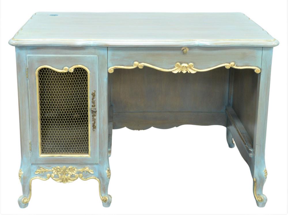 Contemporary French Style Blue and Gold Paint Decorated: Contemporary French Style Blue and Gold Paint Decorated Desk, height 30 inches, top 26" x 44", Provenance: David and Cynthia Kim, 22 Stoney Wylde Lane, Greenwich, Connecticut. View home by visiting: h