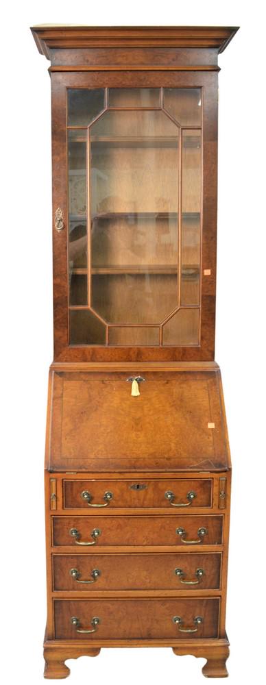 Burlwood Secretary Desk, having one door over drop: Burlwood Secretary Desk, having one door over drop front opening, tooled leather writing surface and fitted interior bracket base, height 83 1/2 inches, width 23 inches, Provenance: David and Cynthia 