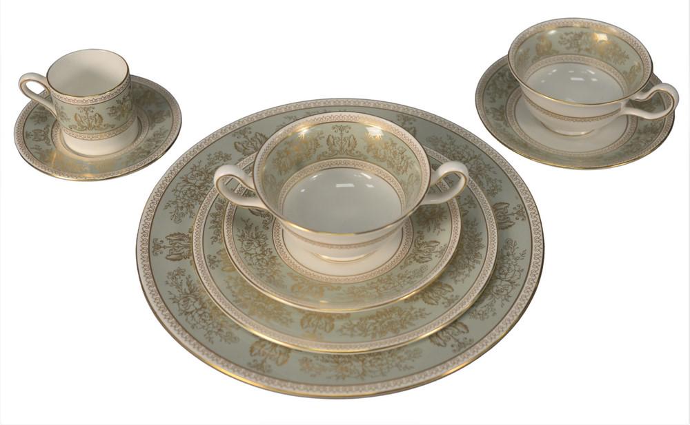 Approximately 252 Pieces of Wedgwood "Gold Columbia: Approximately 252 Pieces of Wedgwood "Gold Columbia Sage Green" China, to include 16 dinner plates; 16 salad plates; 16 dessert plates; 26 soup bowls; 36 fruit bowls; 42 tea cups; 19 coffee cups; 3 co