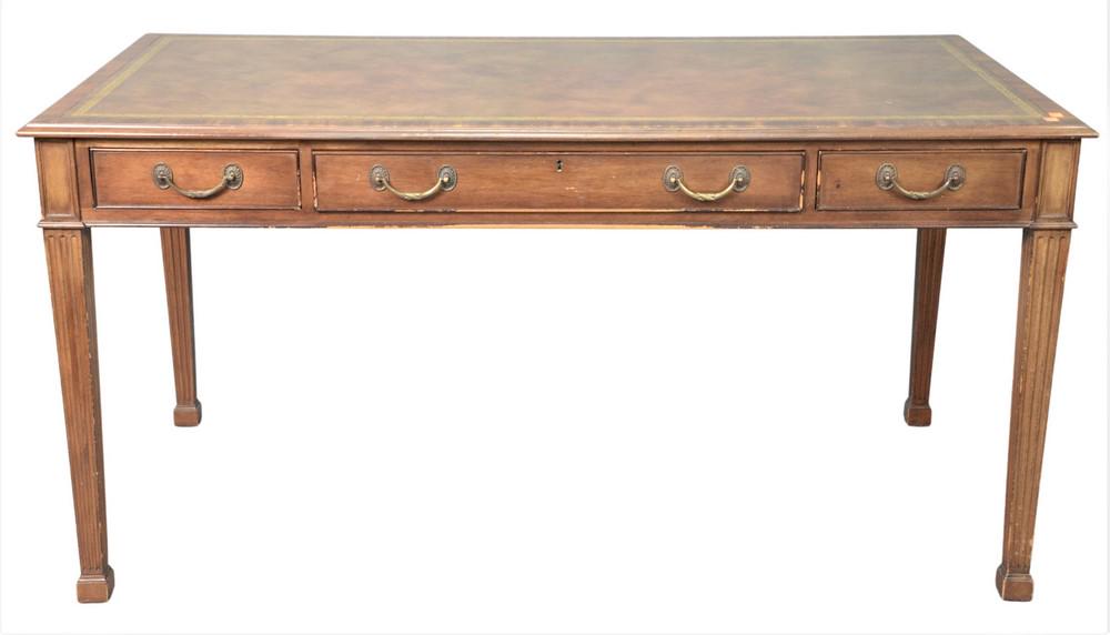 Mahogany Desk, having three drawers and tooled leather: Mahogany Desk, having three drawers and tooled leather top, height 30 inches, top 30" x 60".