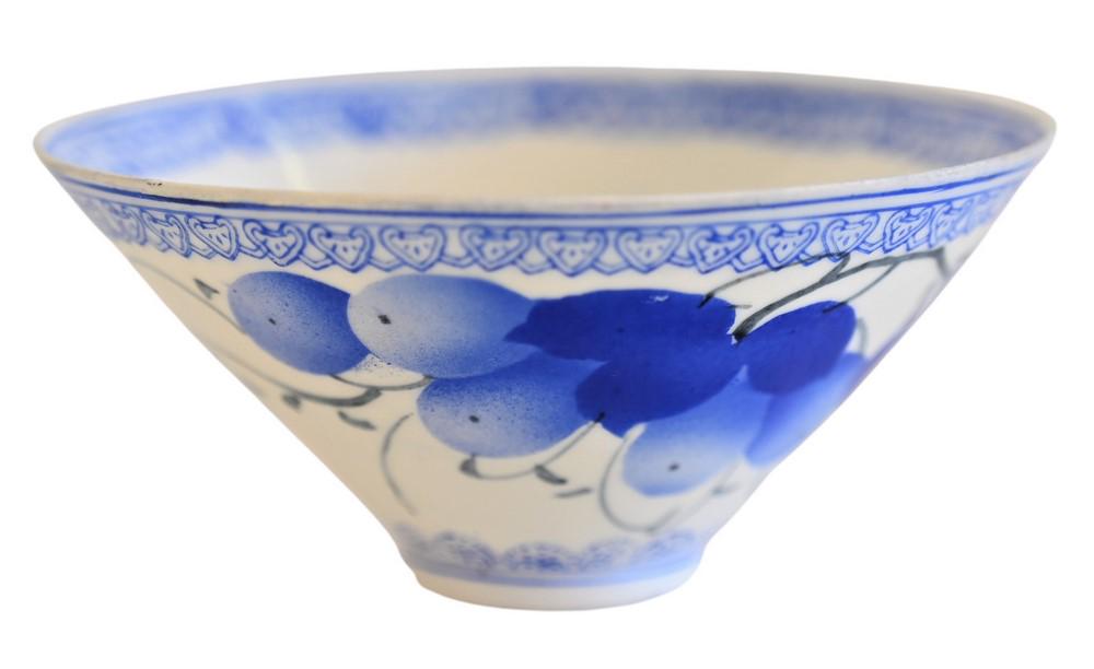 Chinese Egg Shell Porcelain Bowl, with blue fruit motif: Chinese Egg Shell Porcelain Bowl, with blue fruit motif in fitted box, diameter 4 inches. Provenance: The Estate of Alan Gans, Mulberry Point, Guilford.