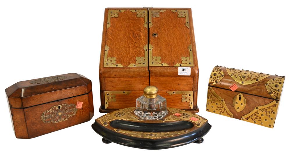 Four Piece Group, to include burl tea box having brass (1 of 6)