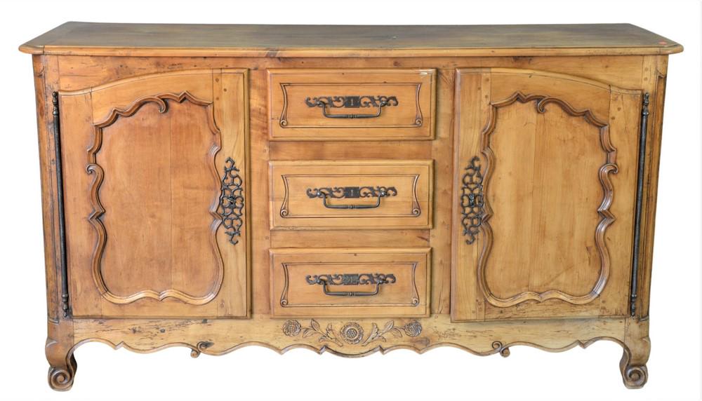 Louis XV Fruitwood Style Sideboard, having doors and: Louis XV Fruitwood Style Sideboard, having doors and drawers, height 43 inches, width 75 inches, depth 23 1/2 inches. Provenance: Waterfront Estate, Stamford, CT.