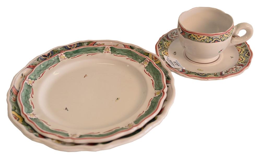 Four Tray Lots of French Faience Atelier de Segries: Four Tray Lots of French Faience Atelier de Segries Tableware, to include a teapot, a coffee pot, several tea cups, plates, trivets, along with trinket boxes, coffee pot height 8 inches.