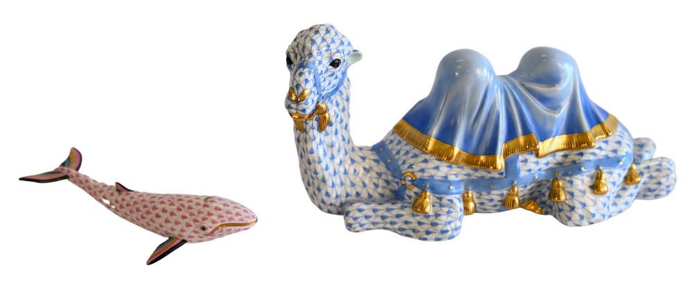 Two Piece Herend Lot, to include a camel with blue: Two Piece Herend Lot, to include a camel with blue fishnet and gilt details, along with a pink fishnet whale, both marked to the underside, camel length 10 inches.