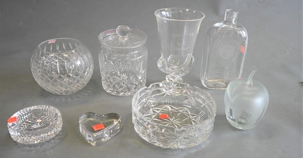 Eight Piece Glass Lot, to include a Waterford vase,: Eight Piece Glass Lot, to include a Waterford vase, Waterford bowl, Atlantis jar with lid, small Waterford ashtray, Baccarat heart on etched glass bottle depicting balloons, a Steuben tall vase along