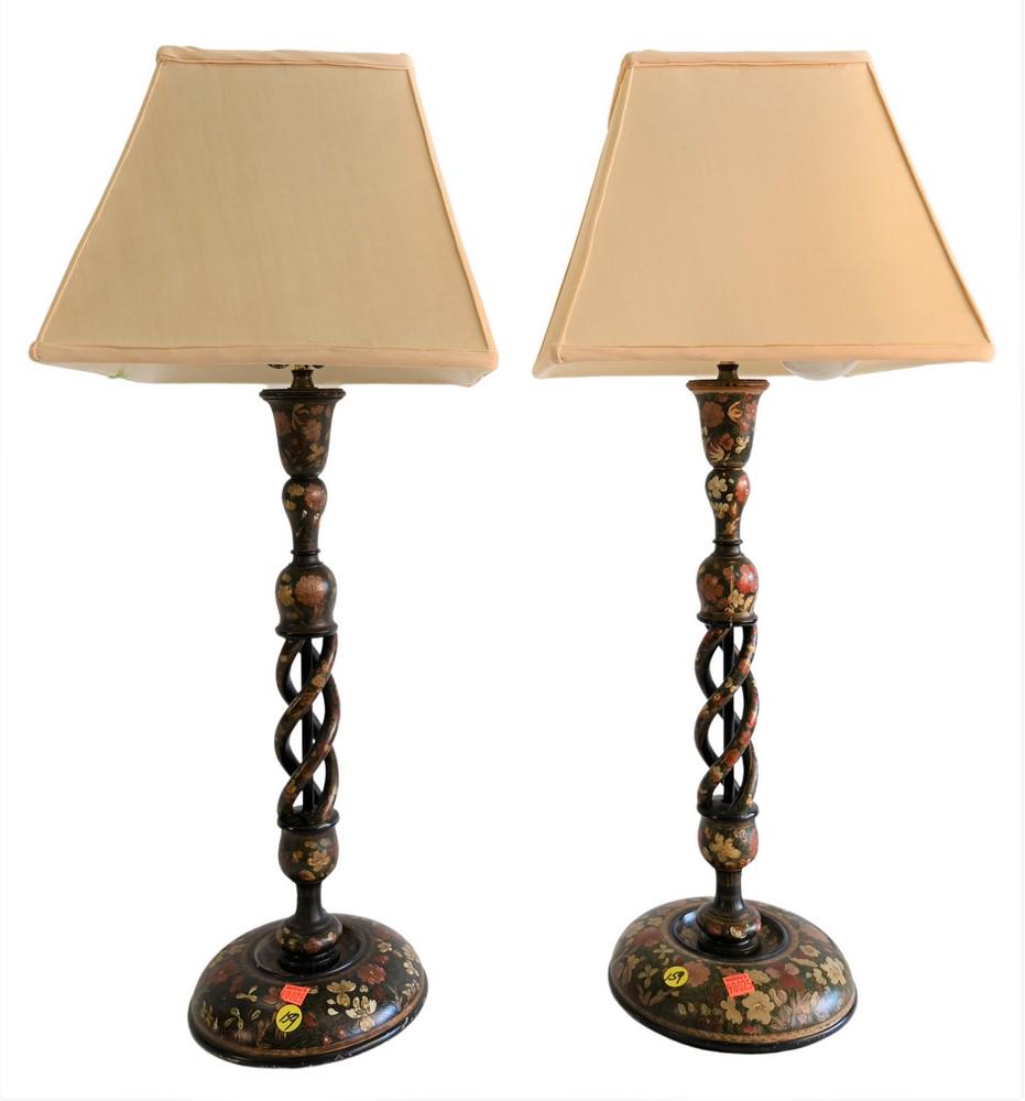 A Pair of Carved Wood Candlestick Lamps, having floral (1 of 5)