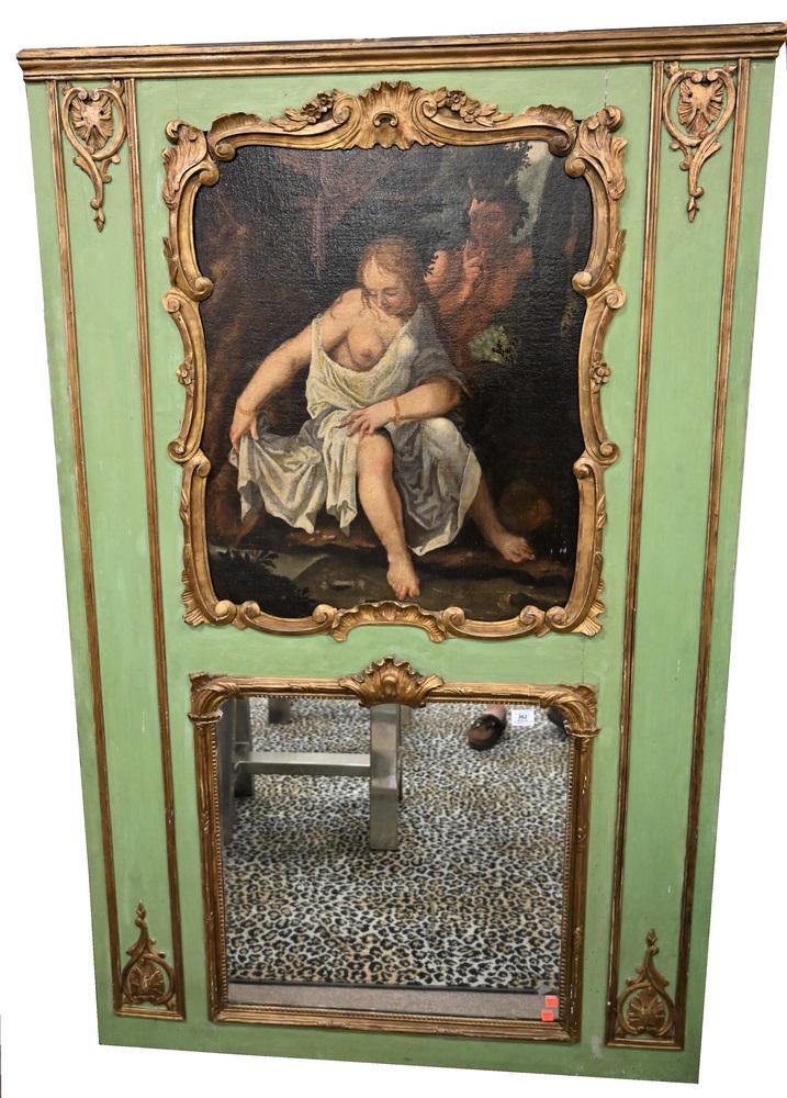 French Painted Trumeau Mirror, having oil on canvas (1 of 5)