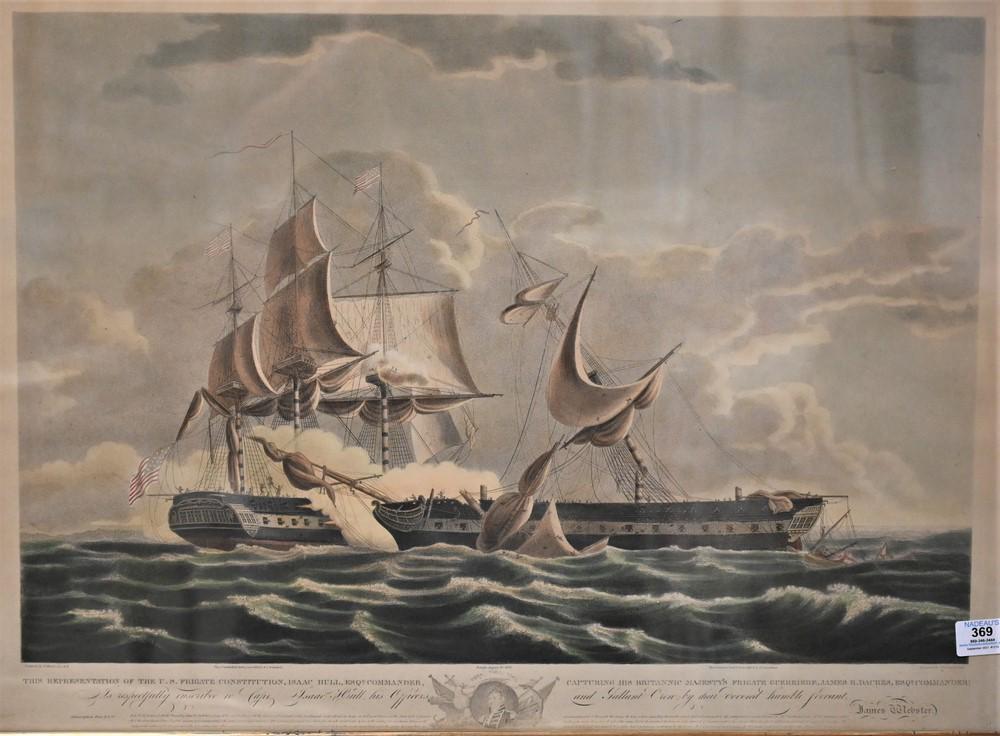 Cornelius Tiebout After Thomas Birch (American, 1779 -: Cornelius Tiebout After Thomas Birch (American, 1779 - 1851), "The U.S. Frigate Constitution Capturing Frigate Guerriere, 1813", engraving with hand coloring on paper, image size 18" x 26".