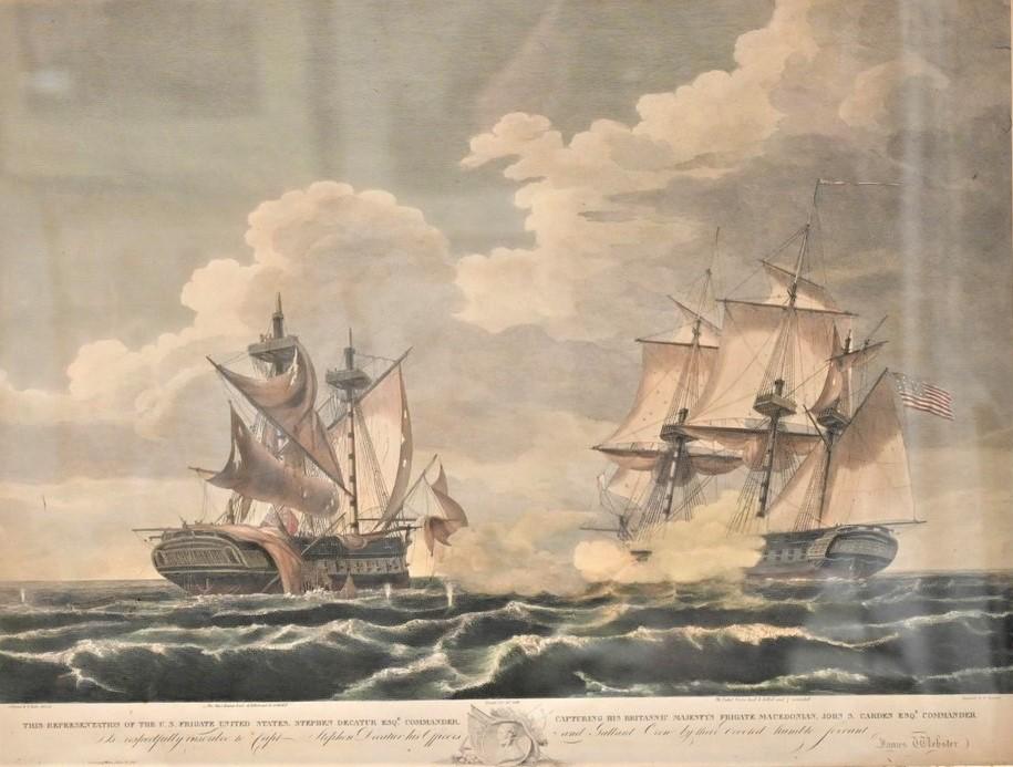 Samuel Seymour After Thomas Birch, "The U.S. Frigate: Samuel Seymour After Thomas Birch, "The U.S. Frigate United States Capturing His Britannic Majesty's Frigate Macedonian 1815" circa 1900, engraving with hand coloring on paper, image size 18" x 26".