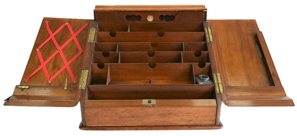 Burlwood Table Desk, having calendar and one letter: Burlwood Table Desk, having calendar and one letter compartment behind two doors, height 13 1/2 inches, width 16 inches.