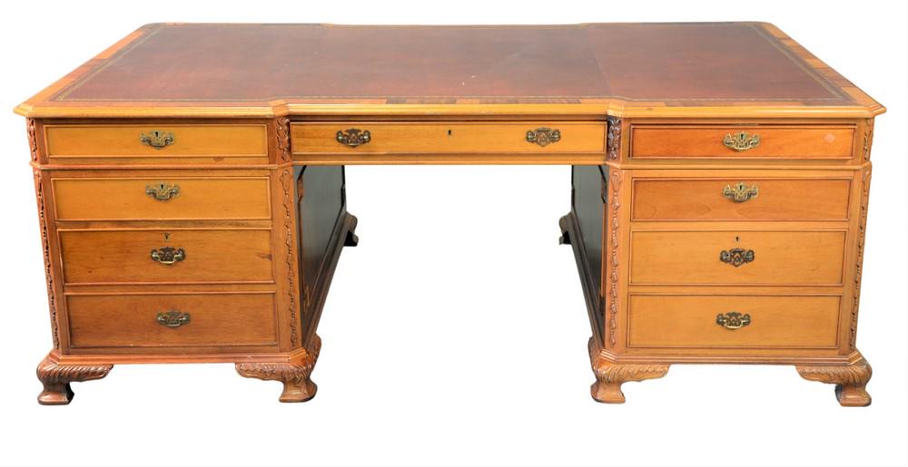 Chippendale Style Mahogany Partners Desk, having red (1 of 4)