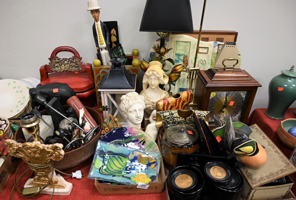 Large Group Lot of Decorative Items, to include several: Large Group Lot of Decorative Items, to include several table lamps, a small composite bust, a carved wooden elephant, alabaster bust, two trays of enameled plaques and trinket boxes, several bookends