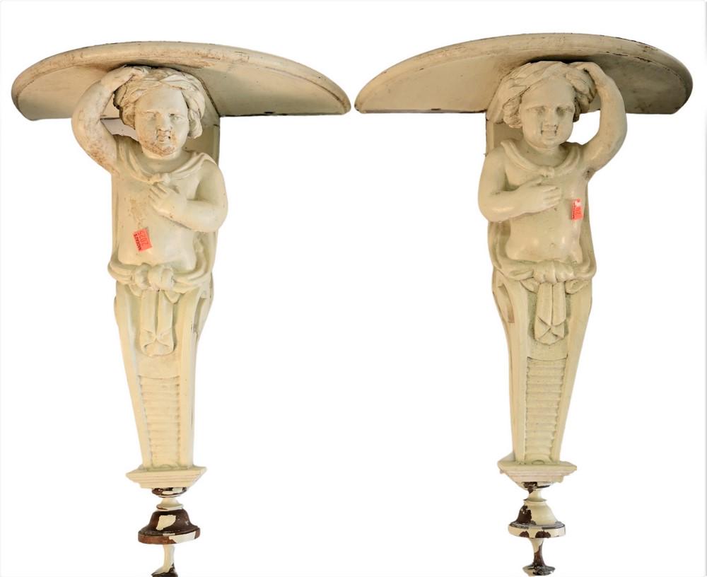 Pair of Carved Wood Bracket Shelves, having figural (1 of 5)