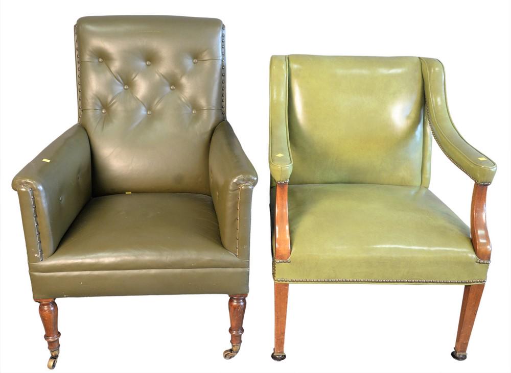 Two Green Leather Armchairs, each having brass tacks, (1 of 4)