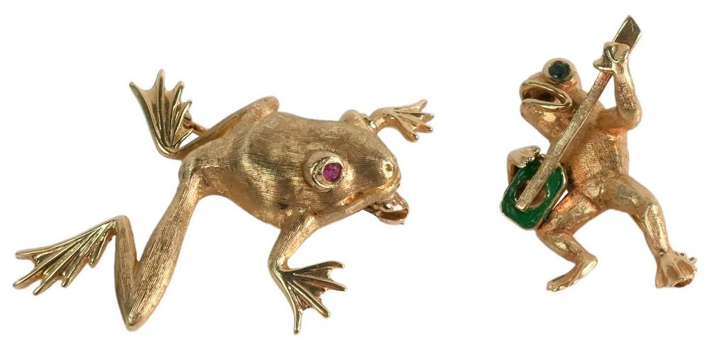 Two 14 Karat Gold Frog Brooches, each with colored (1 of 4)