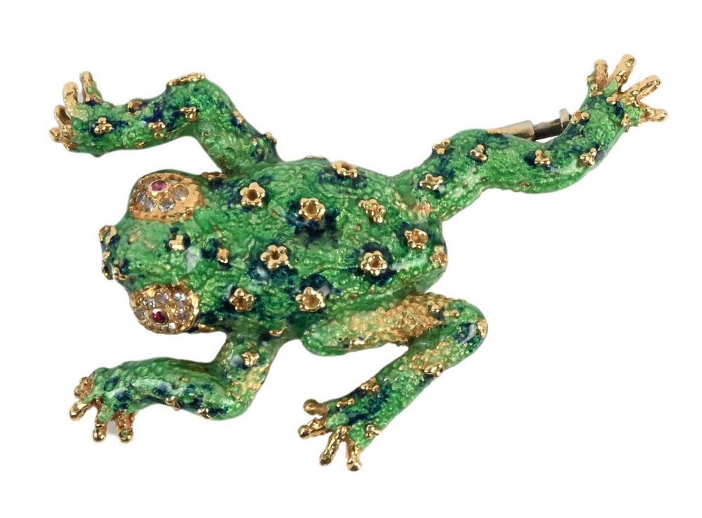 18 Karat Gold Frog Brooch, enameled green and red eyes, (1 of 3)