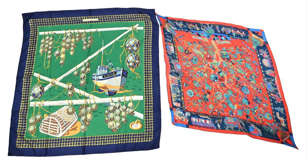 Two Hermes Silk Scarves, having fishing boat by artist (1 of 4)