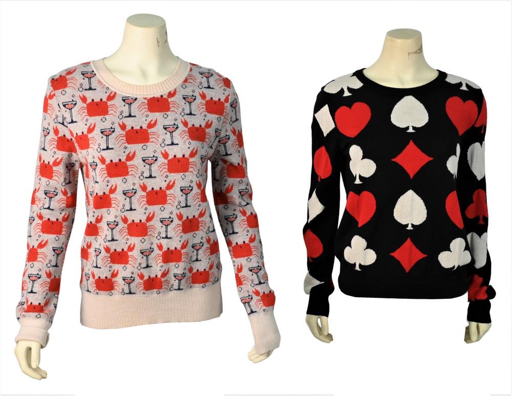 Two Libertine Sweaters, to include red, white and blue: Two Libertine Sweaters, to include red, white and blue crabs and champagne glasses, cashmere pullover, size medium; along with a black cashmere blend card/bridge pullover, size 8, very small pull on f