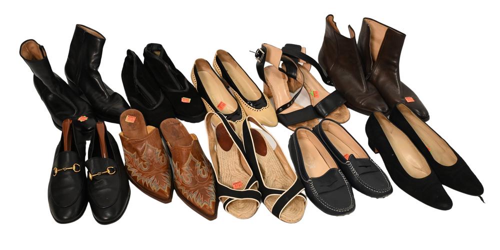 Ten Pairs of Designer Shoes and Boots, to include black: Ten Pairs of Designer Shoes and Boots, to include black suede by Bottega Veneta; Blue Tod's driving loafers; Gucci horsebit loafers; Louboutin espadrilles; Florentina pumps; etc., size 8 1/2, conditio