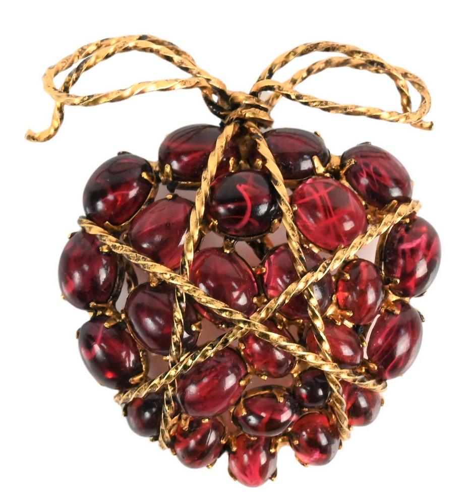 Iradj Moini Gilt Brass Brooch, heart shaped with red: Iradj Moini Gilt Brass Brooch, heart shaped with red cabochon, height 2 1/2 inches.