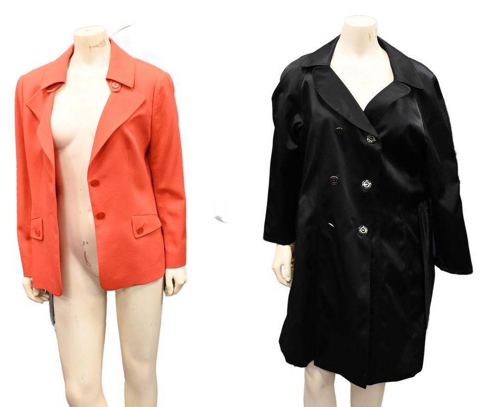 Four Piece Lot of Escada Blazers, along with a black: Four Piece Lot of Escada Blazers, along with a black satin trench, to include double breasted trench coat; orange blazer; along with a teal and blue green blazer; size M/L, condition consistent with n
