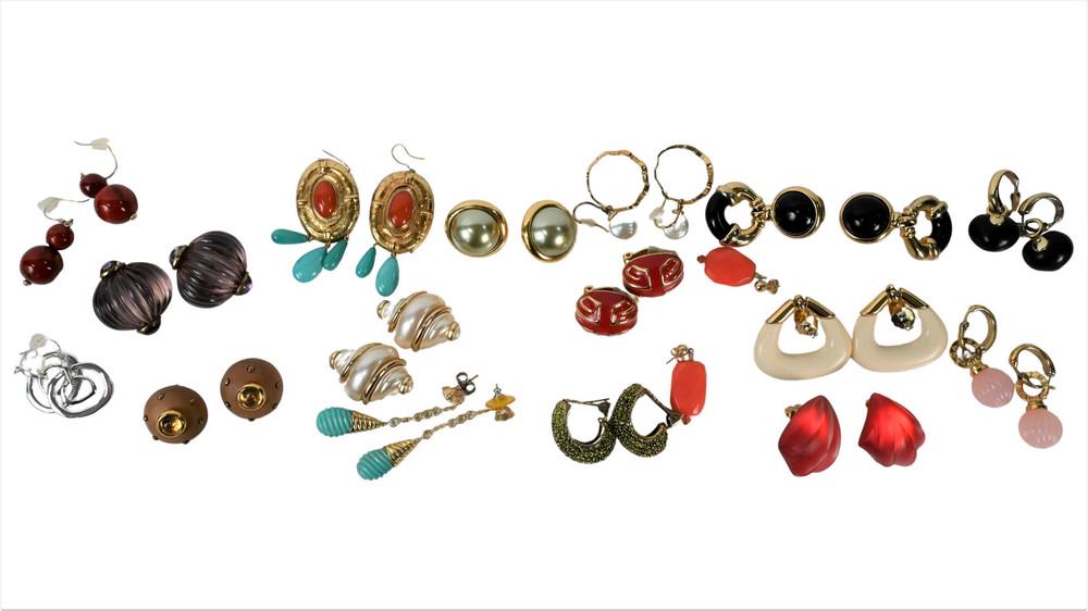Group of 18 Pairs of Costume Jewelry Earrings, to: Group of 18 Pairs of Costume Jewelry Earrings, to include Cine red enameled; Fabrice, Paris carved lucite; ALEXIS BITTAR; Agatha, etc.