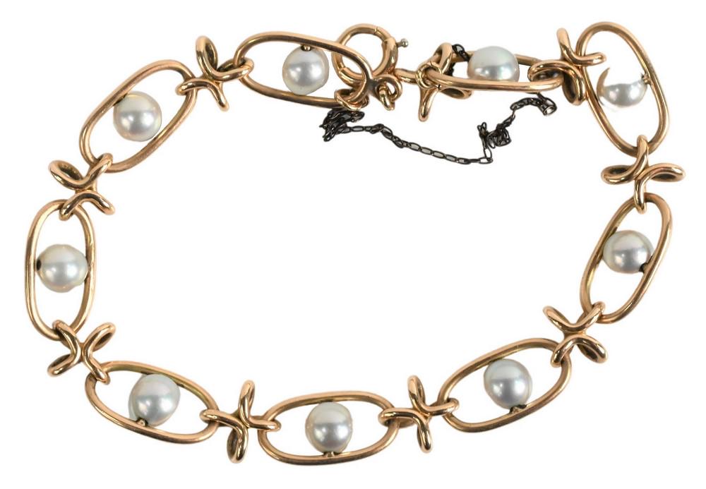 14 Karat Yellow Gold Bracelet, having nine pearls, 10.3 (1 of 3)