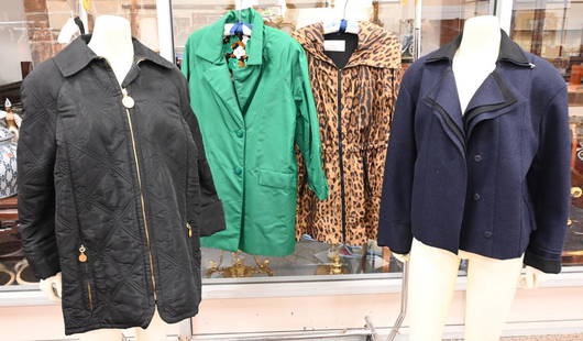 Four Piece Lot of Designer Jackets and Coats, to: Four Piece Lot of Designer Jackets and Coats, to include a black quilted jacket by Jean-Louis Scherrer, size 38; a black wool jacket by Jil Sander; an emerald green coat with floral lining; along with