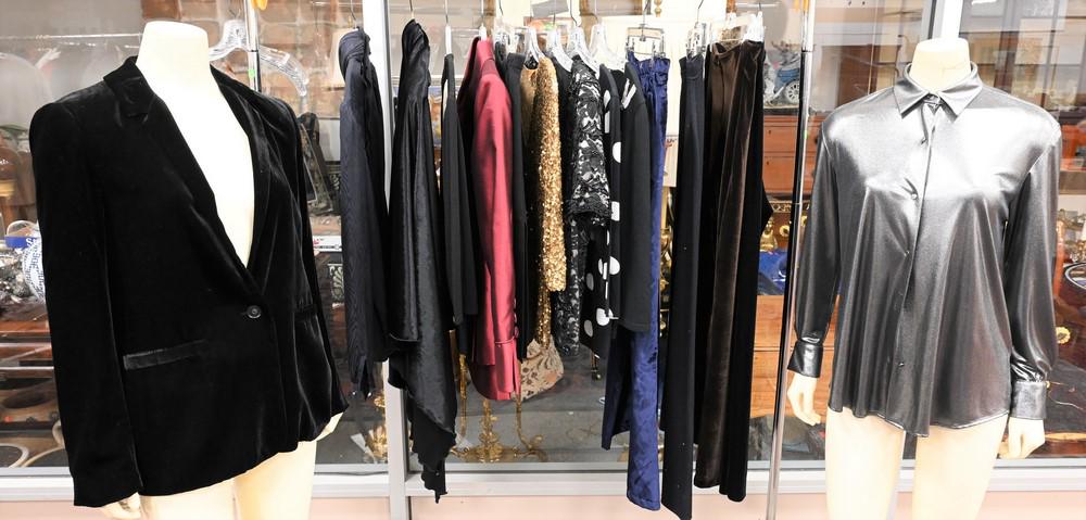 15 Piece Lot of Designer Evening Wear, to include: 15 Piece Lot of Designer Evening Wear, to include pants, sequin and beaded tops, embellished sweaters and others, designers include Delle Celle, Escada, Zara, Roberta Freymann, along with others; in v