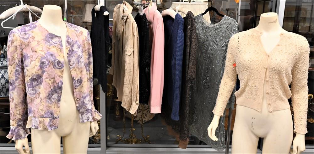 Nine Piece Lot of Designer Party Wear, to include silk: Nine Piece Lot of Designer Party Wear, to include silk blouses, beaded dress,lace pieces, etc., designers include Mastroianni, Starzewski, Escada, along with others, sizes S/M/L, condition consistent