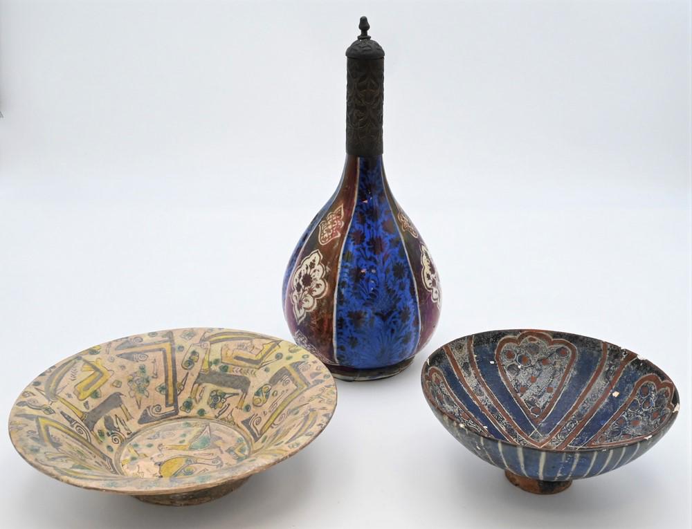 Three Persian Polychrome Decorated Pottery Items, to (1 of 5)