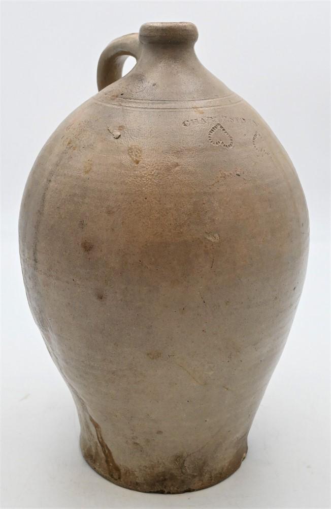 Charlestown Stoneware Jug, having two incised hearts,: Charlestown Stoneware Jug, having two incised hearts, height 15 1/2 inches, Provenance: Estate of Bruce Sasalla, East Hartford, Connecticut.