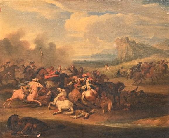 Attributed to Adam Frans Van Der Meulen, 1632 - 1690,: Attributed to Adam Frans Van Der Meulen, 1632 - 1690, Battle Scene with Calvary, oil on canvas, 17th century or later, unsigned, 18 3/4 x 22 1/2