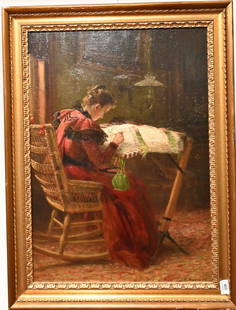 James Brade Sword, American, 1839 - 1915, interior: James Brade Sword, American, 1839 - 1915, interior scene having woman at a loom, oil on canvas, signed lower right "J.B. Sword", 28 x 20 inches