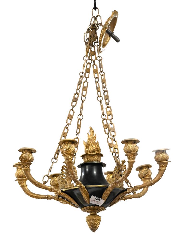 French Empire Style Hanging Light, having eight gilt (1 of 3)