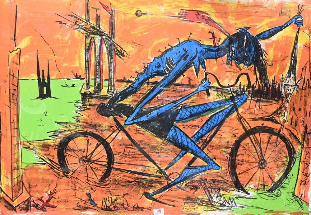 Rick Prol (American, b. 1956), SOS, 1985, lithograph: Rick Prol (American, b. 1956), SOS, 1985, lithograph and silkscreen in colors on paper, signed, dated, and editioned lower right "39/100", 31" x 42".