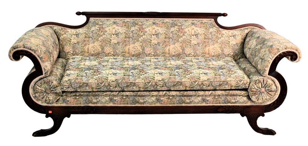 Duncan Phyfe Style Sofa, having tapestry style: Duncan Phyfe Style Sofa, having tapestry style upholstery, height 33 inches, length 84 inches.