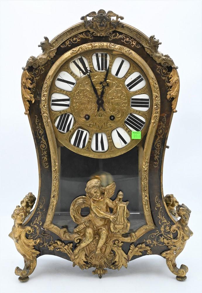 Medaille D'Argent Vincenti French Boulle Mantel Clock,: Medaille D'Argent Vincenti French Boulle Mantel Clock, tortoise shell with brass inlays and bronze mounts, on nude female figures legs (as is), height 23 inches.