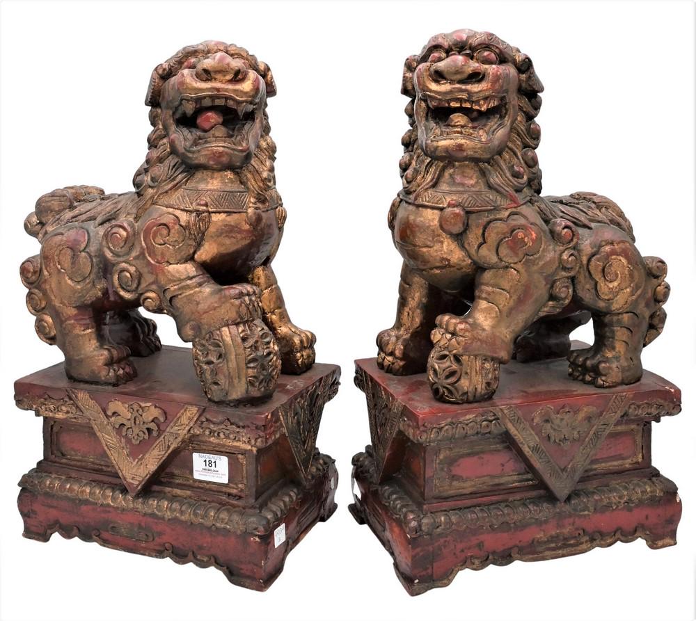 Pair of Carved Wood Foo Dogs, in gilt red paint, height (1 of 5)
