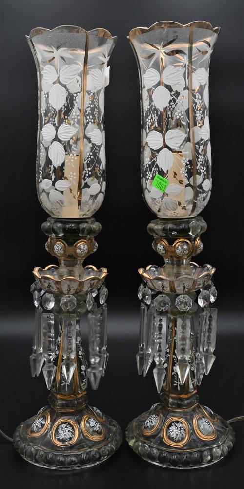 Pair of Hurricane Lamps, having enamel decoration, (1 of 5)