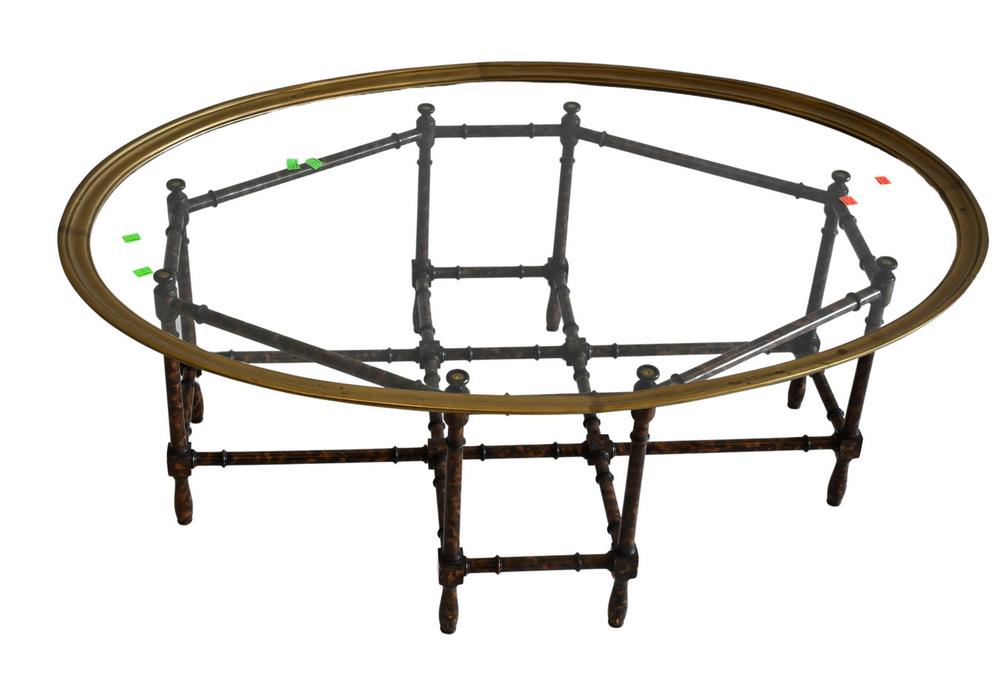 Brass, Wood and Glass Coffee Table, height 16 inches,: Brass, Wood and Glass Coffee Table, height 16 inches, top 31 x 45 inches.