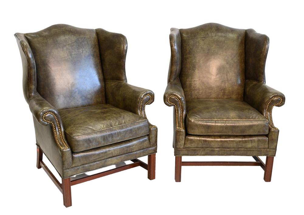 Pair of Chippendale Style Leather Upholstered Wing (1 of 5)