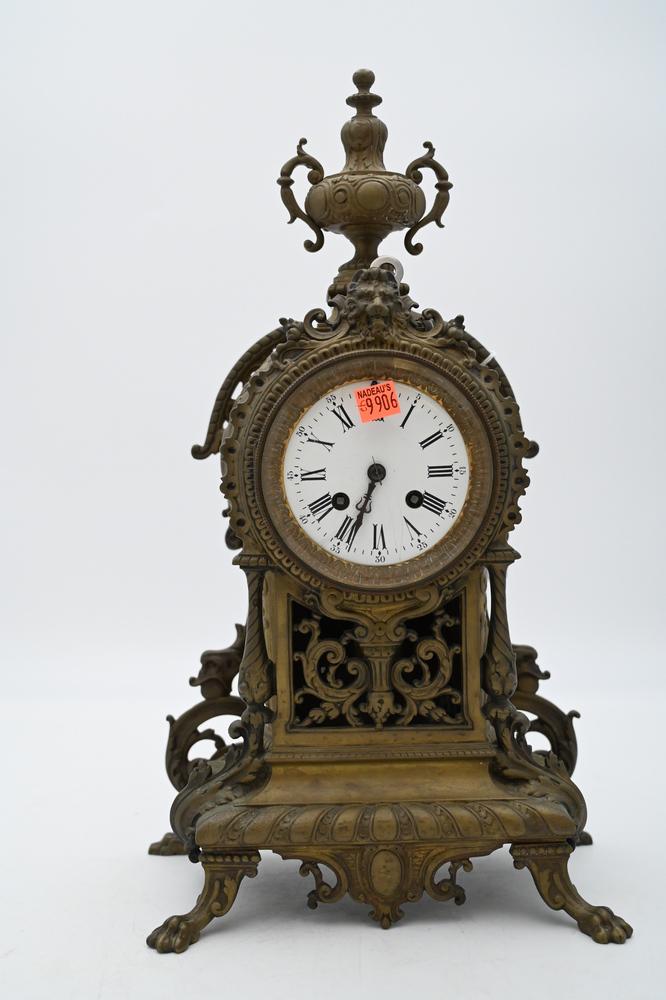 French Brass Mantel Clock, having white enameled dial, (1 of 4)