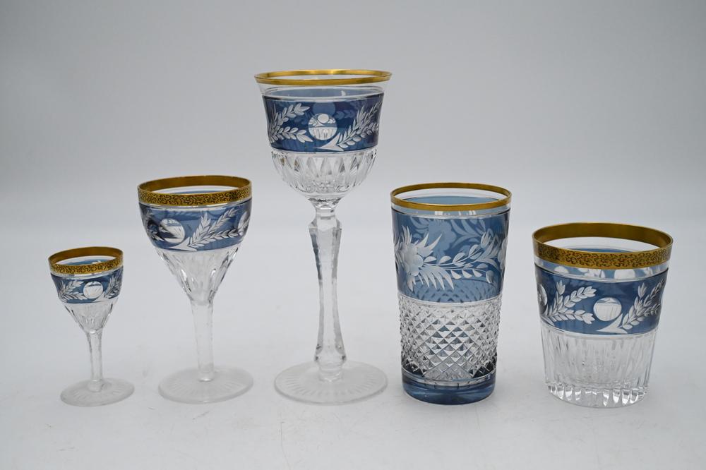 44 Piece Group of Multicolor Cut to Clear Stemware, to: 44 Piece Group of Multicolor Cut to Clear Stemware, to include 6 flat tumblers; 8 flat highball glasses; 12 footed red wine glasses; 8 footed cordials; 9 footed champagne glasses; along with one foote