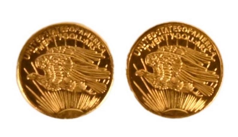 Two 1908 Saint Gaudens Twenty Dollar Gold Pieces, (1 of 2)