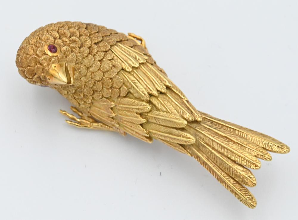 Erwin Pearl 18 Karat Gold Bird Brooch, having ruby eye, (1 of 4)